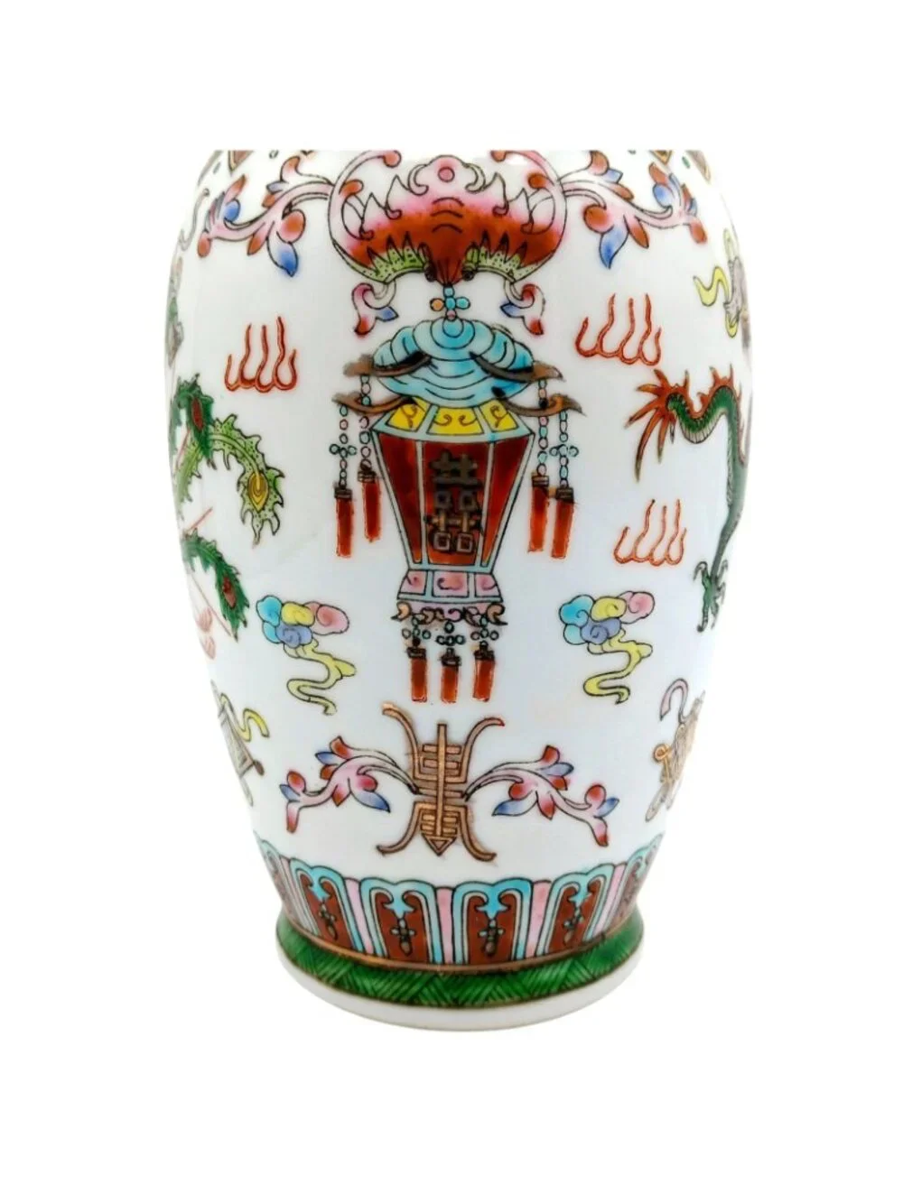 Chinese Green Dragon Vase Hand Painted Porcelain Gilt 8.5 in Qianlong mark
